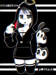  1girl 2boys alice_(bendy_and_the_ink_machine) bendy bendy_and_the_ink_machine black_hair black_lips boris_(bendy_and_the_ink_machine) bow bowtie halo hoodie multiple_boys thighhighs wolf  rating:Sensitive score:6 user:twilight_jester