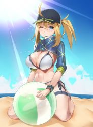 1girl artoria_pendragon_(fate) asanuma ball beach beachball bikini black_hat blue_eyes blue_sky blush breasts cleavage closed_mouth cloud commentary_request day fate/grand_order fate_(series) full_body hair_between_eyes hat large_breasts looking_at_viewer mysterious_heroine_x_(fate) mysterious_heroine_xx_(fate) navel ocean outdoors ponytail shrug_(clothing) side-tie_bikini_bottom side-tie_bottom sitting sky smile solo stomach sunlight swimsuit white_bikini