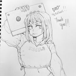  1girl arcade_stick breasts candy controller english_text food game_controller hood hoodie joystick large_breasts long_hair looking_at_viewer medium_hair midriff monochrome mouth_hold navel original pants sketch solo traditional_media  rating:General score:0 user:spk