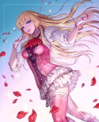  1girl ascot blonde_hair blue_eyes boots box_(hotpppink) breasts commentary_request dress fingerless_gloves frilled_dress frills gloves gradient_background highres hime_cut korean_commentary lili_(tekken) long_hair medium_breasts petals pink_dress pink_thighhighs red_ascot red_trim skindentation solo sparkle tekken tekken_8 thighhighs white_dress white_footwear white_gloves white_trim 