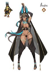  1girl absurdres animal_ears anubis_(palworld) arms_up blue_eyes blue_hair breast_curtains bridal_gauntlets character_name dark-skinned_female dark_skin full_body gluteal_fold hair_between_eyes highres humanization jackal_ears looking_at_viewer navel palworld reiko_lape simple_background smile solo white_background  rating:Sensitive score:45 user:danbooru