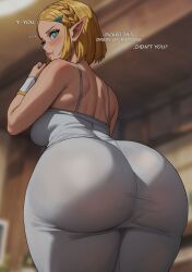  1girl artist_name ass ass_focus back backboob bare_shoulders blonde_hair blurry blurry_background blush braid breasts closed_mouth dress english_text female_focus green_eyes hair_ornament hairclip highres huge_ass large_breasts looking_at_viewer looking_back nintendo pointy_ears princess_zelda shexyo short_hair sidelocks solo the_legend_of_zelda the_legend_of_zelda:_tears_of_the_kingdom white_dress 
