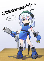  &gt;:) 1girl black_eyes black_socks blue_footwear blue_gloves blue_shirt boots cable cable_tail child commentary copyright_name creatures_(company) full_body game_boy_advance game_boy_advance_sp game_freak gloves gradient_background green_headband handheld_game_console headband high_collar highres holding holding_cable holding_own_tail looking_at_viewer mechanical_tail medium_hair mini_person nintendo on_table original personification pokemon pokemon_card rascal_(feuille) shirt short_sleeves sidelocks smile socks solo standing table tail trading_card translated v-shaped_eyebrows white_hair 