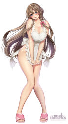 1girl apron bare_legs bare_shoulders blush bow braid breasts brown_hair cleavage collarbone frills full_body grey_eyes hair_bow head_tilt highres knees_together_feet_apart large_breasts logo long_hair looking_at_viewer masami_chie naked_apron no_panties official_art open_mouth sandals simple_background smile solo standing toeless_footwear tokyo_exe_girls very_long_hair white_background rating:Questionable score:57 user:danbooru