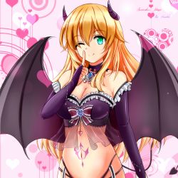  10s 1girl ;) alternate_costume atago_(kancolle) bare_shoulders bat_wings blonde_hair breasts bridal_gauntlets character_name cleavage demon_girl demon_horns demon_tail green_eyes heart highres horns kantai_collection long_hair looking_at_viewer navel one_eye_closed saber-freedom smile solo demon_girl tail tattoo wings  rating:Sensitive score:34 user:danbooru