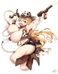  1girl absurdres animal_print armpits bad_id bad_pixiv_id blonde_hair blue_eyes boots bouncing_breasts breasts collar commission cow_girl cow_print cowboy_boots cowboy_hat cowboy_western from_side full_body hat heart heart-shaped_pupils highres holster huge_breasts lactation long_hair looking_at_viewer milk_gun milking_machine muscular nipples one_eye_closed open_mouth smile solo symbol-shaped_pupils user_wcgm5435 very_long_hair water_gun  rating:Questionable score:45 user:danbooru