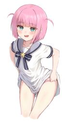  1girl absurdres blue_eyes blunt_bangs blush bocchi_the_rock! collarbone cropped_legs dress fang female_focus gotoh_futari highres kaiwa loli looking_at_viewer nervous open_mouth panties panty_pull pink_hair pink_panties pulling_own_clothes sailor_collar sailor_dress short_hair short_sleeves simple_background skin_fang smile solo teasing twintails underwear undressing white_background white_dress  rating:Questionable score:186 user:danbooru