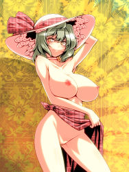  1girl arm_up bottomless bow breasts choker clothes_lift curvy female_focus green_hair hair_bow hat huge_breasts kazami_yuuka large_breasts nipples plaid pussy sarong sarong_lift short_hair skirt skirt_lift smile solo sun_hat symbol-shaped_pupils topless touhou tro_(trombe) uncensored unmoving_pattern yellow_eyes  rating:Explicit score:52 user:danbooru