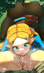 1boy 1girl 69 after_fellatio aftersex ass ass_grab blonde_hair censored cum cum_in_mouth elf face_in_crotch fellatio flaccid forest girl_on_top green_eyes highres kashu_(hizake) link nature nintendo open_mouth oral penis pointy_ears princess_zelda sexually_suggestive the_legend_of_zelda the_legend_of_zelda:_breath_of_the_wild view_between_legs rating:Explicit score:305 user:infinitesadness