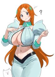  1girl absurdres bleach bleach:_sennen_kessen-hen blush breasts cleavage cleavage_cutout clothing_cutout highres huge_breasts inoue_orihime long_hair nia4294 nia_(nia4294) orange_hair simple_background solo tagme thick_thighs thighs wide_hips  rating:Sensitive score:97 user:Dap5052