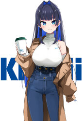 1girl blue_eyes blue_hair breasts denim haseneko highres hololive hololive_english jeans large_breasts long_hair long_sleeves looking_at_viewer multicolored_hair ouro_kronii pants smile solo two-tone_hair virtual_youtuber