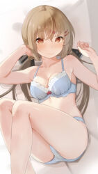  1girl blue_bra blue_panties blurry blush bra breasts brown_eyes brown_hair cleavage closed_mouth commentary_request depth_of_field feet_out_of_frame hair_ornament hairclip highres kantai_collection long_hair low_twintails lying medium_breasts panties sakieko solo tashkent_(kancolle) twintails underwear underwear_only 