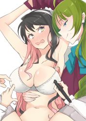 ahoge armpits bad_id bad_twitter_id black_hair blue_eyes blush bow bowtie bra breast_poke breasts unworn_clothes commentary_request fang green_hair grey_legwear hair_ribbon hairband halterneck hand_on_another&#039;s_hip kantai_collection large_breasts licking_lips long_hair mole mole_under_mouth multicolored_hair multiple_girls naganami_(kancolle) navel pink_hair poking restrained ribbon shirt skin_fang stylus tongue tongue_out underwear white_hairband white_shirt yellow_eyes yuugumo_(kancolle) yuzuruka_(bougainvillea) rating:Sensitive score:11 user:danbooru