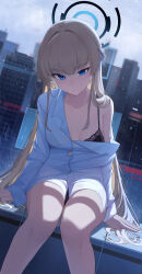  1girl absurdres black_bra blonde_hair blue_archive blue_eyes bra breasts closed_mouth collarbone halo highres long_hair looking_at_viewer no_pants pang-yo rain shirt single_bare_shoulder sitting small_breasts solo toki_(blue_archive) underwear very_long_hair white_shirt window 