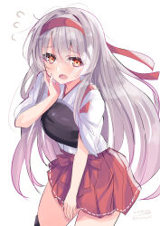  1girl absurdres cowboy_shot flying_sweatdrops grey_hair hairband hand_on_own_face highres hizaka japanese_clothes kantai_collection leaning_forward long_hair muneate one-hour_drawing_challenge pleated_skirt red_eyes red_hairband red_skirt shoukaku_(kancolle) skirt solo tasuki 