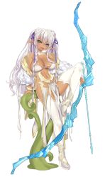  1girl :d bare_shoulders bow bow_(weapon) bracelet braid breasts cleavage collarbone dark-skinned_female dark_elf dark_skin elf elf_village eyelashes full_body green_eyes hair_bun hair_ribbon high_heels highres holding holding_bow_(weapon) holding_weapon jewelry knee_up large_breasts long_hair long_pointy_ears looking_at_viewer lyra_(elf_village) navel official_art open_mouth original pelvic_curtain pointy_ears purple_ribbon ribbon sitting skindentation smile solo thighhighs tongue transparent_background tsurusaki_takahiro twin_braids twintails very_long_hair weapon white_hair 