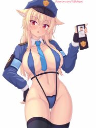  animal_ears black_gloves black_thighhighs blonde_hair blue_hat blush breasts cameltoe cat_ears cat_girl commentary cowgirl_position english_commentary fingerless_gloves gloves hat highres holding long_hair long_sleeves looking_at_viewer navel nottytiffy original parted_lips patreon_username police police_hat police_uniform red_eyes slit_pupils solo stomach straddling thigh_gap thighhighs thighs tiffy_(nottytiffy) uniform 