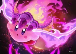  blush_stickers colored_skin copy_ability dragon_wings embers fire fire_kirby glowing glowing_wings highres kirby kirby_(series) kirby_and_the_forgotten_land looking_at_viewer nintendo no_humans pink_skin purple_fire signature solo wings yuni_(unitary_580) 