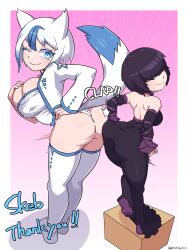  2girls animal_ears arm_at_side artist_name ass ass-to-ass backless_dress backless_outfit bare_back bare_shoulders blue_eyes blue_hair blue_jacket blue_leotard border breasts cleavage closed_mouth commission detached_sleeves dot_nose dress eyebrows eyelashes female_focus fox_ears fox_girl fox_tail from_behind full_body gradient_background hair_over_eyes hand_on_own_chest hand_on_own_hip huge_ass huge_breasts jacket leaning_forward leotard long_dress looking_back looking_down medium_breasts medium_hair multicolored_clothes multicolored_hair multicolored_jacket multiple_girls one_eye_closed open_clothes open_jacket original painting_fish pink_background purple_hair purple_sleeves shortstack simple_background size_difference smile standing strapless strapless_dress strapless_leotard tail thick_eyebrows thighhighs two-tone_hair two-tone_jacket two-tone_leotard white_border white_hair white_jacket white_leotard white_thighhighs 