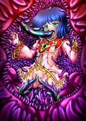 blue_hair blush breasts character_request dress fat_mons green_eyes highres hozumi_touji nipples pussy pussy_juice short_hair small_breasts spread_legs tentacle_fellatio tentacle_grab tentacle_in_mouth tentacles torn_clothes rating:Explicit score:26 user:Keyne
