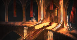  2girls alice_margatroid architecture arms_at_sides backlighting blonde_hair blue_dress boots capelet crystal curtains dress faceless highres indoors long_hair long_sleeves looking_at_another multiple_girls red_dress scenery shadow shinki_(touhou) short_hair side_ponytail sitting smile stairs standing sunset throne throne_room touhou touhou_(pc-98) water wide_sleeves window zarisu 