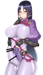  1futa bad_id bad_pixiv_id bar_censor black_hair blush bodysuit breasts bulge censored erection erection_under_clothes fate/grand_order fate_(series) fingerless_gloves futanari gloves hand_on_own_cheek hand_on_own_face highres impossible_clothes kanosigu large_breasts large_penis long_hair minamoto_no_raikou_(fate) newhalf penis purple_bodysuit purple_eyes purple_hair rope shimenawa smile solo standing very_long_hair  rating:Explicit score:109 user:danbooru
