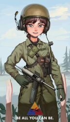  1girl absurdres ammunition_pouch blue_sky breast_pocket brown_hair cloud commentary commentary_request crotch_zipper day english_commentary english_text finger_on_trigger freckles gloves green_gloves green_jacket green_pants grey_eyes gun handgun headset helmet highres holding holding_gun holding_weapon holster holstered jacket korean_commentary long_hair long_sleeves looking_at_viewer m1911 m3_submachine_gun magazine_(weapon) microphone military military_uniform mixed-language_commentary original outdoors pants pocket pouch rifleman1130 sky soldier solo standing submachine_gun turtleneck uniform united_states_army upper_body weapon zipper zipper_pull_tab 