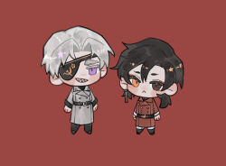  2boys :&lt; animal_hands belt belt_buckle black_belt black_footwear black_hair black_pants black_shirt blush_stickers boots brown_eyes buckle buttons character_request chibi chinese_commentary closed_mouth coat collared_coat colored_eyelashes commentary_request copyright_request double-breasted eyepatch eyeshadow frown grey_coat grin hair_between_eyes heri671007 heterochromia high_belt highres lapels layered_sleeves long_sleeves looking_at_viewer makeup male_focus multiple_boys notched_lapels pants parted_bangs pinstripe_pattern pinstripe_shirt purple_eyes red_background red_coat red_eyeshadow sharp_teeth shirt short_hair simple_background smile soviet standing teeth thick_eyebrows trench_coat white_hair white_pants yellow_eyes 