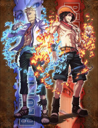  2boys abs back-to-back belt blonde_hair blue_eyes blue_fire boots bracelet brown_eyes brown_hair clenched_hand epic fiery_wings fire freckles full_body hat jewelry jolly_roger male_focus marco_(one_piece) michairu multiple_boys muscular necklace one_piece open_clothes open_shirt pirate portgas_d._ace sandals sash shirt shorts stampede_string standing tattoo topless_male wings  rating:Sensitive score:45 user:danbooru