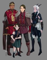  2boys 2girls armor beard belt black_footwear book brown_cape brown_eyes brown_footwear callum_(the_dragon_prince) cape child commentary dark-skinned_male dark_skin english_commentary ezran_(the_dragon_prince) facial_hair facial_mark freckles fur_trim grey_background grimoire highres holding_hands horns long_hair looking_at_viewer multiple_boys multiple_girls pouch qashqai rayla_(the_dragon_prince) ruffling_hair simple_background skirt standing sword the_dragon_prince weapon white_hair 