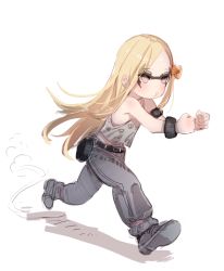  1girl abigail_(final_fight) abigail_(final_fight)_(cosplay) abigail_williams_(fate) armband bare_shoulders belt blonde_hair blue_eyes blush bow bow_(bhp) child cosplay facial_mark fate_(series) final_fight full_body grey_footwear grey_pants hair_bow long_hair name_connection o3o orange_bow pants running shoes simple_background solo tank_top white_background wristband  rating:Sensitive score:3 user:boomerbuzzard