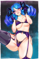 1girl artist_name bikini black_bow black_thighhighs blush border bow breasts collarbone garter_belt gloves gradient_background green_background grin gwen_(league_of_legends) hair_bow hands_up highres large_breasts league_of_legends merellyne navel one_eye_closed purple_gloves skindentation smile solo swimsuit teeth thighhighs white_border rating:Questionable score:65 user:danbooru