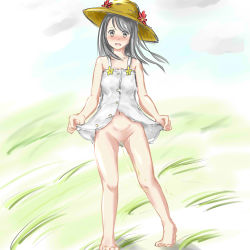  1girl artist_request black_eyes black_hair blush breasts clothes_lift cloud collarbone dress dress_lift feet flower grass grey_dress hat hat_flower highres loli long_hair looking_at_viewer navel no_panties open_clothes open_dress open_mouth outdoors peeing pussy sky sleeveless sleeveless_dress small_breasts solo standing sun_hat teeth uncensored  rating:Explicit score:22 user:balddur_anthology