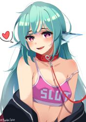 1girl absurdres animal_ears bare_shoulders blush breasts c_turtle cleavage collar collarbone commentary english_commentary finana_ryugu fins fish_girl green_hair head_fins heart heart-shaped_pupils highres leash licking_lips long_hair looking_at_viewer medium_breasts navel nijisanji nijisanji_en off_shoulder profanity purple_eyes red_collar simple_background slut_shirt smile solo speech_bubble spoken_heart sports_bra stomach strap_slip sweat symbol-shaped_pupils tongue tongue_out twitter_username upper_body viewer_holding_leash virtual_youtuber white_background rating:Sensitive score:41 user:danbooru