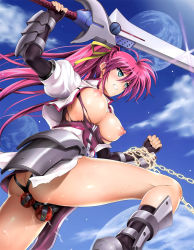  1girl absurdres anal anal_object_insertion armor ass blue_eyes blush boots breasts breasts_out butt_crack chain clenched_teeth cyclone_(reizei) dildo dildo_harness faulds fingerless_gloves gauntlets gloves hair_ribbon highres jacket laevatein_(nanoha) large_breasts long_hair lyrical_nanoha mahou_shoujo_lyrical_nanoha mahou_shoujo_lyrical_nanoha_a&#039;s nipples object_insertion pink_hair planet ponytail puffy_nipples puffy_sleeves pussy_juice ribbon sex_toy shiny_skin signum solo sweat sword teeth torn_clothes weapon  rating:Explicit score:111 user:danbooru