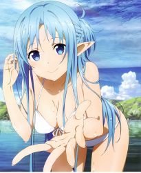  10s 1girl absurdres asuna_(sao) asuna_(sao-alo) bikini blue_eyes blue_hair breasts cleavage cloud female_focus highres long_hair outdoors plant scan sky solo standing swimsuit sword_art_online water wet  rating:Sensitive score:45 user:Tonytaker76