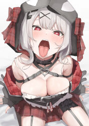  1girl animal_hood arm_strap black_choker black_gloves blush breasts chest_belt choker cleavage commentary fingerless_gloves from_above garter_straps gloves grey_hair hair_ornament half-closed_eyes heart heart-shaped_pupils heart_choker highres hololive hood jacket large_breasts mitsuru_(pixiv_34028718) off-shoulder_jacket off_shoulder open_mouth orca_hood red_eyes red_skirt sakamata_chloe sakamata_chloe_(1st_costume) sitting skirt solo symbol-only_commentary symbol-shaped_pupils tongue tongue_out two-sided_fabric two-sided_jacket uvula virtual_youtuber wariza x_hair_ornament 