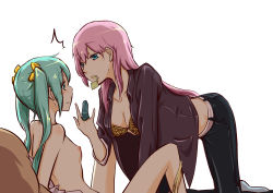 2girls all_fours aqua_eyes aqua_hair back bare_shoulders black_pants black_shirt blush bra breasts cleavage closed_mouth clothed_female_nude_female condom condom_in_mouth condom_wrapper couple eye_contact female_focus hair_between_eyes hair_ribbon half-closed_eyes hatsune_miku highres knees_up large_breasts long_hair looking_at_another megurine_luka mouth_hold multiple_girls neck nejikyuu nipples nude open_clothes open_shirt panties panties_around_leg pants pink_hair ribbon shirt sideboob simple_background sitting small_breasts socks spread_legs twintails underwear undressing vocaloid wavy_mouth white_background yellow_bra yellow_ribbon yuri rating:Explicit score:65 user:danbooru