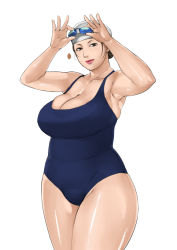  1girl breasts cleavage curvy ganto goggles goggles_on_head huge_breasts lipstick makeup one-piece_swimsuit original plump simple_background smile solo swim_cap swimsuit white_background  rating:Questionable score:54 user:danbooru