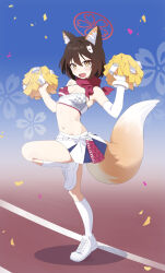  1girl :d absurdres alternate_costume alternate_hairstyle animal_ear_fluff animal_ears armpits black_hair blue_archive bracelet breasts cleavage commentary_request confetti daeyu_k fox_ears fox_girl fox_hair_ornament fox_tail full_body gloves gradient_background hair_between_eyes hair_down halo highres holding holding_pom_poms izuna_(blue_archive) jewelry kneehighs looking_at_viewer medium_breasts medium_hair millennium_cheerleader_outfit_(blue_archive) navel open_mouth outdoors pom_pom_(cheerleading) pom_poms red_scarf running_track scarf shoes sidelocks simple_background single_glove smile sneakers socks solo standing standing_on_one_leg stomach tail white_footwear white_gloves white_socks yellow_eyes 