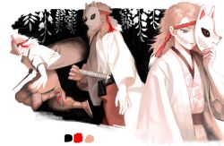  0ukihcust 1boy adjusting_mask charging_forward closed_mouth color_guide covered_face facial_scar floating_hair flower fox_mask hand_up haori japanese_clothes katana kimetsu_no_yaiba limited_palette long_hair long_sleeves looking_down male_focus mask mask_over_one_eye medium_hair multiple_views obi one_eye_covered orange_hair pants sabito_(kimetsu) sad sash scar scar_on_cheek scar_on_face shin_guards sword tabi waraji weapon wide_sleeves wisteria 