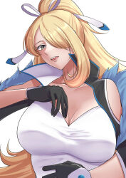  1girl arm_up black_gloves blonde_hair breasts cleavage collarbone creatures_(company) cynthia_(pokemon) cynthia_(sygna_suit)_(aura)_(pokemon) fur_trim game_freak gloves grey_eyes hair_over_one_eye hair_ribbon high_ponytail highres kikyouta large_breasts long_hair looking_at_viewer nintendo official_alternate_costume open_mouth pokemon pokemon_masters_ex ribbon shirt simple_background solo upper_body very_long_hair vest white_background white_shirt 