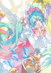  1girl absurdres apple basket blue_eyes blue_hair blue_ribbon collar dress feathered_wings food fruit hat hatsune_miku highres holding holding_food holding_fruit kako_(pixiv77158173) long_hair looking_at_viewer pink_collar pink_dress pink_hat pink_nails ponytail ribbon smile solo twintails very_long_hair vocaloid white_wings wings 