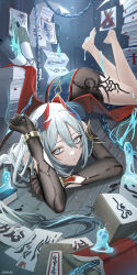  1girl barefoot black_gloves black_nails black_shorts book bracelet chain closed_mouth commentary diamond-shaped_pupils diamond_(shape) feather_hair_ornament feathers feet feet_up fire gloves green_fire grey_eyes grey_hair hair_between_eyes hair_ornament hand_up hanya_(honkai:_star_rail) haruri high-waist_shorts highres honkai:_star_rail honkai_(series) ink jewelry leg_tattoo light_blush long_hair looking_at_viewer lying nail_polish on_stomach open_book paper paper_stack ring shorts sidelocks signature soles solo symbol-shaped_pupils tattoo toenail_polish toenails toes very_long_hair x 