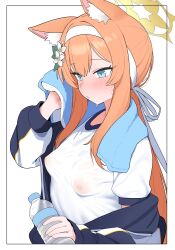 1girl absurdres animal_ear_fluff animal_ears blue_archive blue_eyes blush bottle breasts cat_ears cat_girl covered_erect_nipples flower hair_flower hair_ornament halo headband highres jacket long_hair mari_(blue_archive) mari_(track)_(blue_archive) nipples no_bra open_clothes open_jacket orange_hair ponytail rong_hui see-through see-through_shirt shirt simple_background small_breasts solo sweat towel track_jacket water_bottle wet wet_clothes wet_shirt yellow_halo 