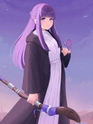  1girl absurdres artist_name black_robe blunt_bangs bug butterfly butterfly_on_hand dress fern_(sousou_no_frieren) glint gradient_sky highres holding holding_staff insect light_smile long_hair long_sleeves outdoors purple_butterfly purple_eyes purple_hair risdandr robe sky solo sousou_no_frieren staff standing very_long_hair white_dress 