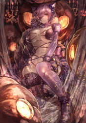  1girl animal_ears bare_shoulders between_legs breasts candle candlestand check_commentary claws commentary_request detached_sleeves fake_animal_ears fate/grand_order fate_(series) fur fur_collar fur_trim gloves hair_over_one_eye hair_ribbon halloween_costume hand_between_legs highres huge_breasts jack-o&#039;-lantern legs_up looking_at_viewer mash_kyrielight mash_kyrielight_(dangerous_beast) navel o-ring official_alternate_costume open_mouth ornament pantyhose pink_ribbon pumpkin purple_eyes purple_hair purple_thighhighs revealing_clothes ribbon short_hair signo_aaa smile solo thighhighs  rating:Sensitive score:14 user:danbooru