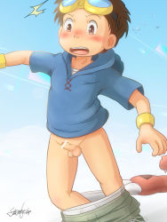 1boy :o artist_request assisted_exposure blue_shirt blush briefs brown_eyes brown_hair claws clothes_pull digimon digimon_tamers embarrassed eyewear_on_head foreskin goggles goggles_on_head guilmon highres legs male_underwear male_underwear_peek male_underwear_pull matsuda_takato open_mouth pants pants_pull penis pulling_another&#039;s_clothes shirt short_hair short_sleeves shota signature small_penis source_request teeth testicles underwear underwear_pull white_briefs white_male_underwear wristband rating:Explicit score:46 user:MAKUTAKARZAHNI