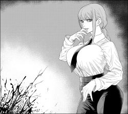  1girl alternate_breast_size black_necktie black_pants blood blood_splatter blunt_bangs braid braided_ponytail breasts chainsaw_man collared_shirt curvy greyscale huge_breasts long_hair long_sleeves makima_(chainsaw_man) monochrome necktie numahana pants parted_lips ringed_eyes shirt shirt_tucked_in solo tagme  rating:Sensitive score:32 user:danbooru
