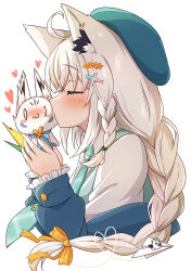  1girl ahoge alternate_costume animal_ear_fluff animal_ears aqua_hat aqua_necktie aqua_sweater_vest beret blue_jacket blush braid braided_ponytail closed_eyes collared_shirt commentary_request creature cropped_torso earrings extra_ears fox_ears fox_girl from_side hachiman_tanuki hair_ornament hair_ribbon hairclip hands_up hat heart highres holding holding_creature hololive jacket jacket_partially_removed jewelry kiss long_hair long_sleeves miteiru_(shirakami_fubuki) necktie paper_airplane ribbon shirakami_fubuki shirt side_braid sidelocks simple_background single_earring solo sukonbu_(shirakami_fubuki) sweater_vest virtual_youtuber white_background white_hair white_shirt yellow_ribbon 